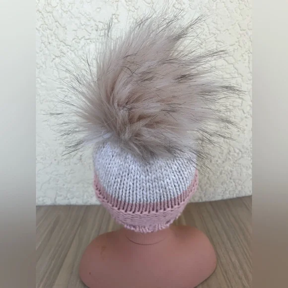 BA-BO Pink and White Knit Hat with Pom-Pom - Picture 2 of 7
